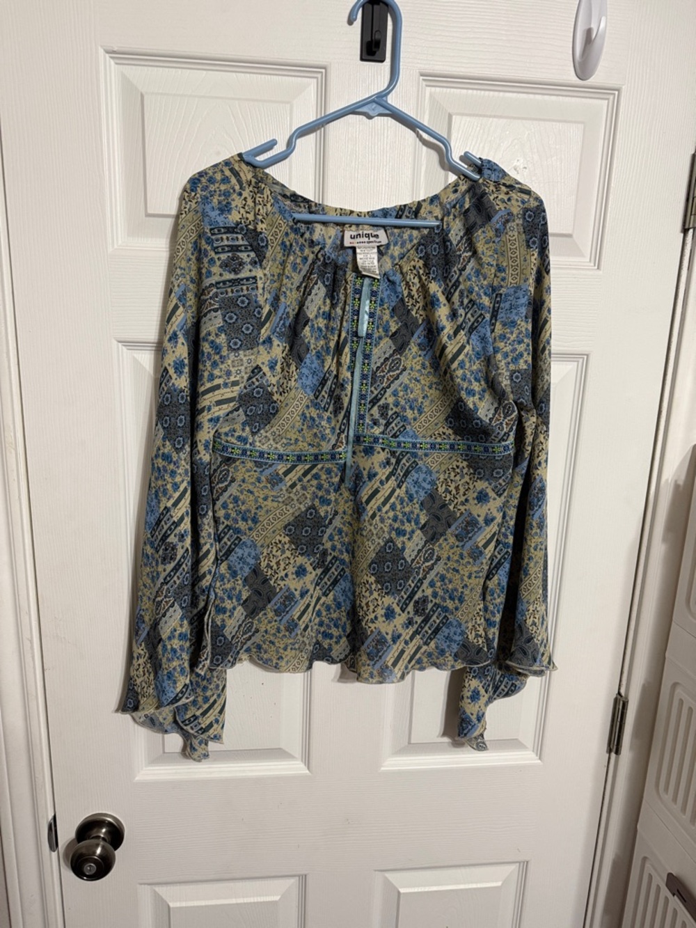 Unique Spectrum Blue and Olive Patchwork Tunic Blouse
